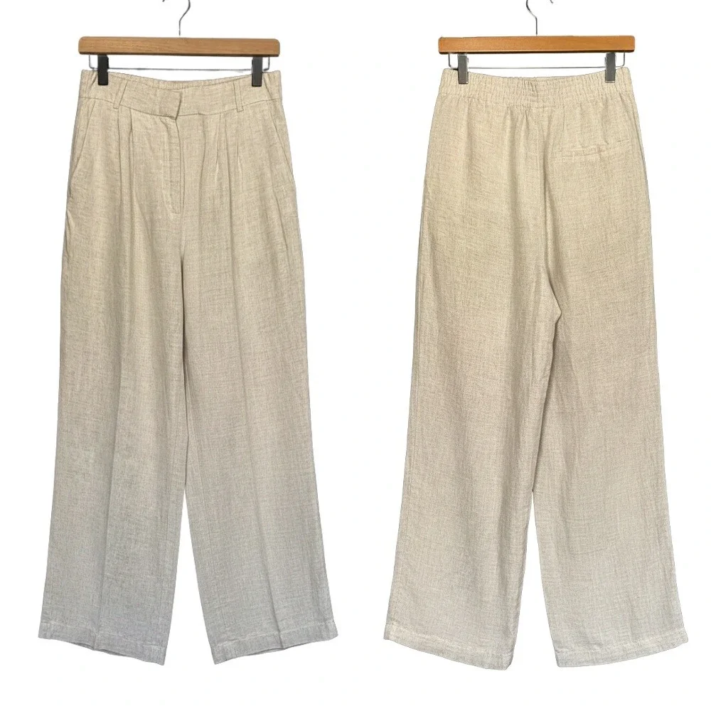 H&M Wide Leg Linen Pants Women Size 6 Beige Pleated High Waist Trousers Minimal